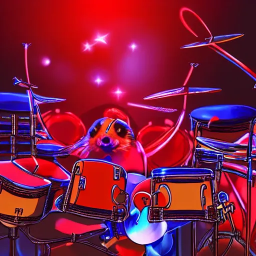 Prompt: a hamster playing drums on a stage in a small club, red and blue stagelights, photorealistic
