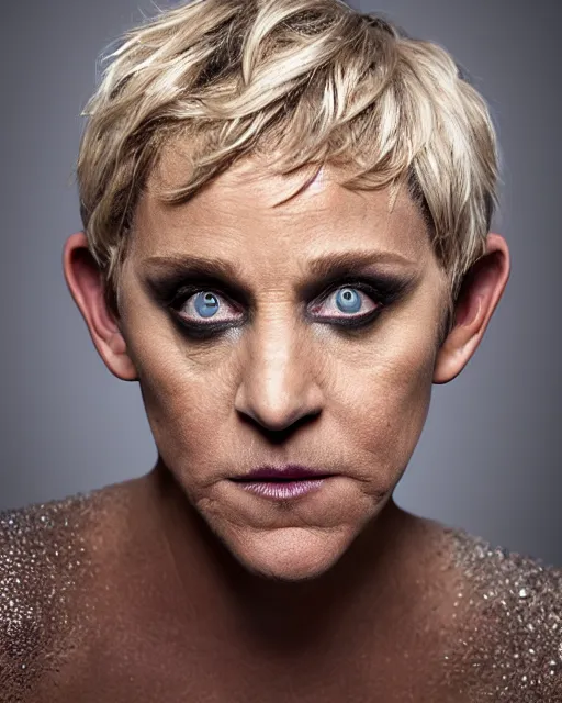 Image similar to headshot of ellen degeneres as a mythical satyr, ellen degeneres in highly detailed satyr makeup and prosthetics designed rick baker, studio lighting, 8 k, photo shoot, 9 inch kershaw soft focus lens f / 5. 6