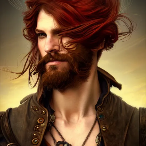 Prompt: portrait of a young rugged steampunk pirate, male, handsome, masculine, full body, red hair, long hair, soft hair, fantasy, intricate, elegant, highly detailed, steampunk, airship, digital painting, artstation, concept art, character art, smooth, sharp focus, illustration, art by artgerm and greg rutkowski and alphonse mucha