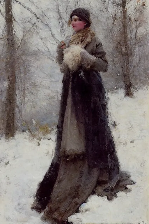 Image similar to Richard Schmid and Jeremy Lipking full length portrait painting of a young beautiful edwardian girl hold a victorian fur handwarmer standing in the snow