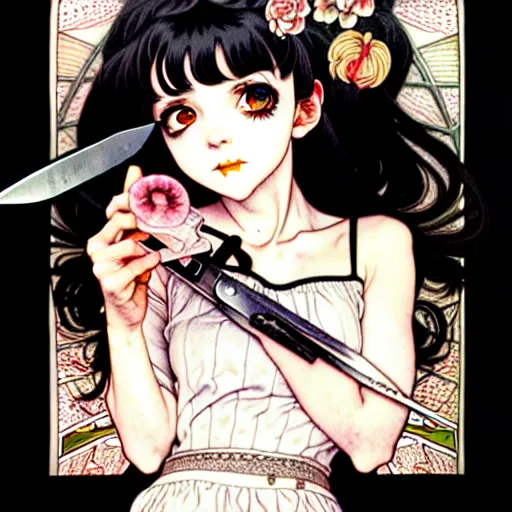Image similar to portrait of a morbid 18 year old youth wearing a pretty little dress with straight silky black hair, in a butcher shop, holding a butcher knife. insanely and epically detailed high-quality small details, exquisitely detailed soft shadowing, epic pencil illustration, by Range Murata and by Alphonse Mucha and by Katsuhiro Otomo.