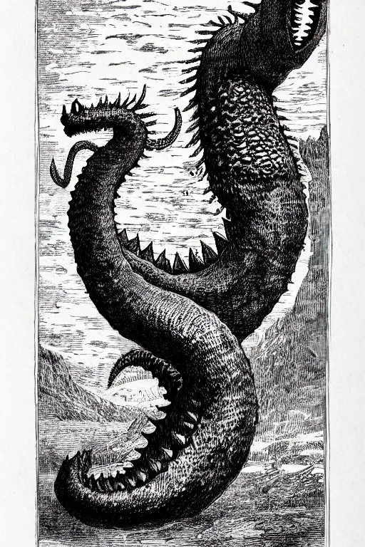 Image similar to ogopogo monster, as a demon from the dictionarre infernal, pen - and - ink illustration, etching by louis le breton, 1 8 6 9, 1 2 0 0 dpi scan, ultrasharp detail, hq scan, intricate details, stylized border