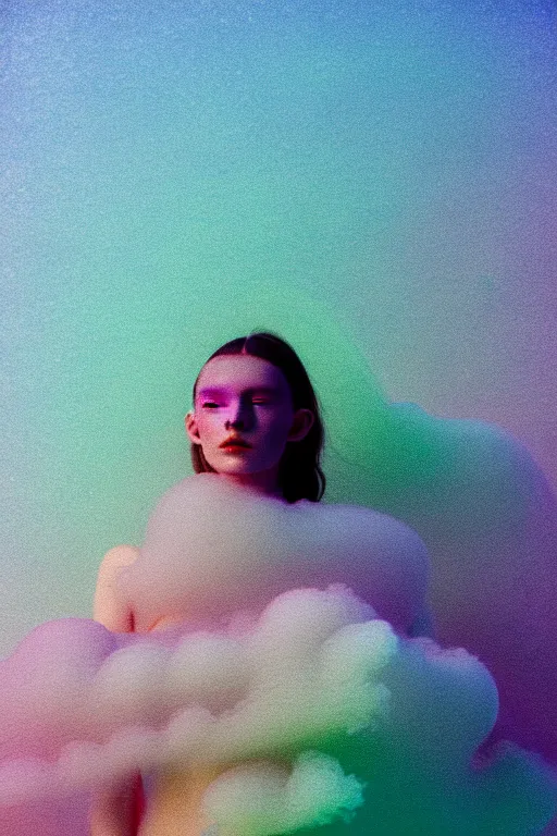 Image similar to high quality pastel coloured film close up wide angle photograph of a model wearing clothing swimming on cloud furniture in a icelandic black rock!! environment in a partially haze filled dreamstate world. three point light, rainbow. photographic production. art directed. pastel colours. volumetric clouds. pastel gradient overlay. waves glitch artefacts. extreme facial clarity. 8 k. filmic.