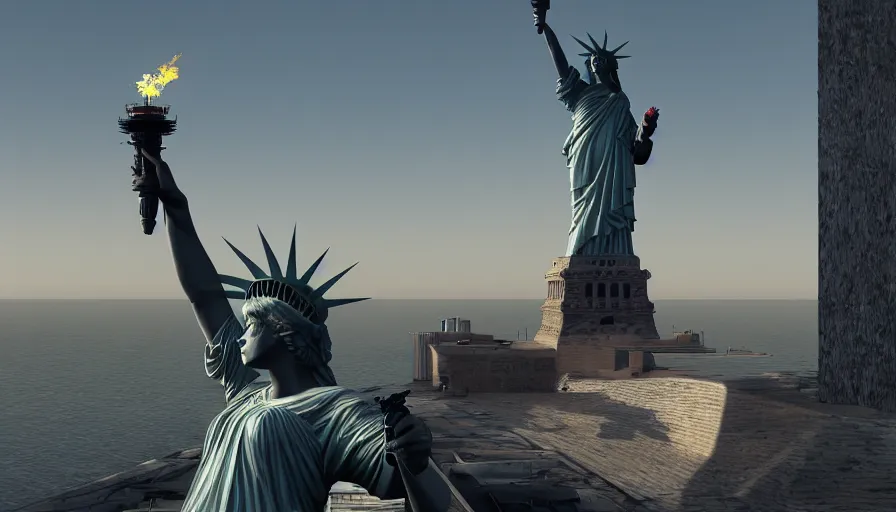 Prompt: Statue of the Liberty with a shotgun, hyperdetailed, artstation, cgsociety, 8k