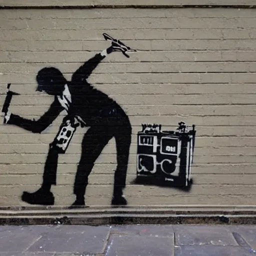 Image similar to a banksy street art depicting a disc jockey using two turntable, highly detailed