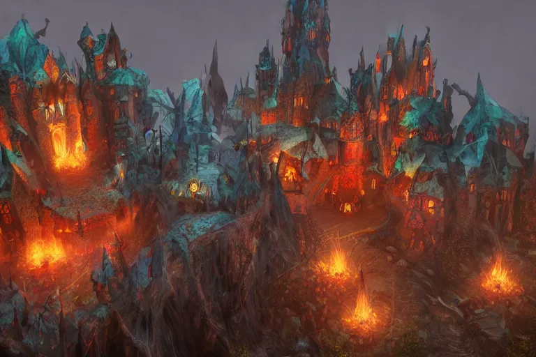 Image similar to big evil fairy castle - city rock dark shadow elves, might and magic heroes 7, dark fantasy, shadows, artstation trending, unreal engine 5, red