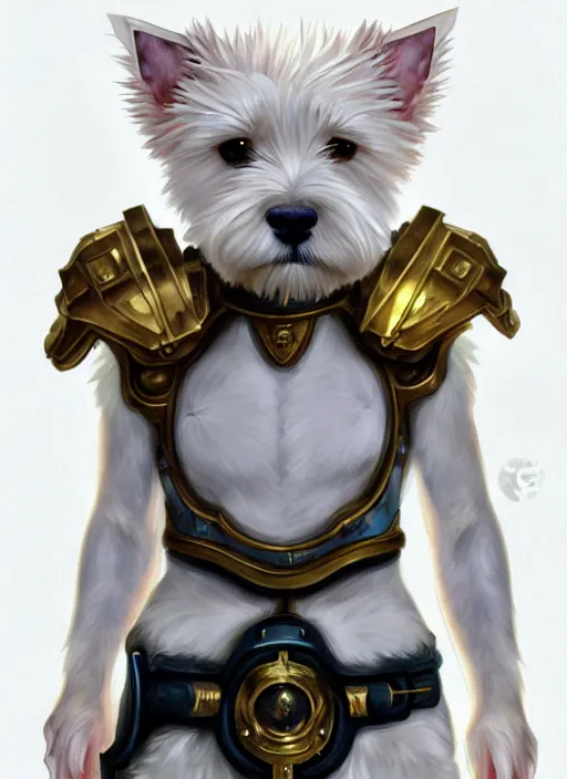 Image similar to a west highland white terrier, anime art style, wearing futuristic, led - lit armor, and a cannon mounted on his back, portrait, high detail, sharp focus, digital painting, artstation, concept art, art by hayao miyazaki and artgerm and greg rutkowski and alphonse mucha.