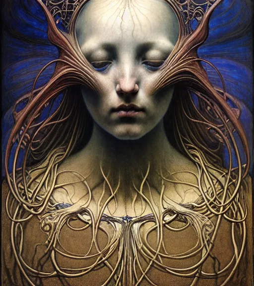 Image similar to detailed realistic beautiful young medieval alien robot grimez face portrait by jean delville, gustave dore and marco mazzoni, art nouveau, symbolist, visionary, gothic, pre - raphaelite. horizontal symmetry by zdzisław beksinski, iris van herpen, raymond swanland and alphonse mucha. highly detailed, hyper - real, beautiful