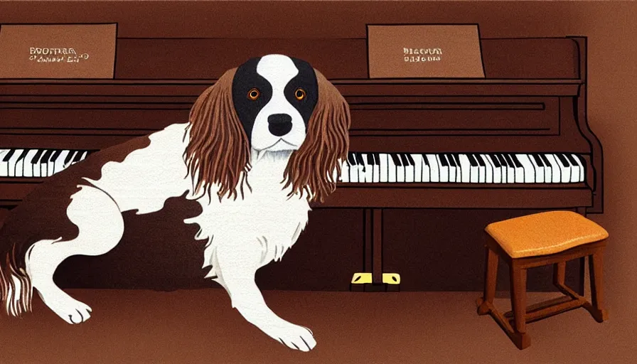 Image similar to brown and white sprocker , sat down playing a piano.modern. Martini on the side, detailed illustration. Artwork.