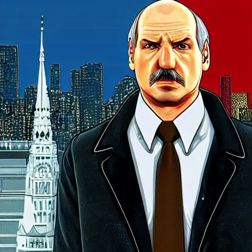 Prompt: Alexander Lukashenko in GTA 4 loading screen art