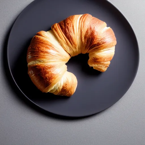 Image similar to professional studio photography of a croissant on a table, grey background, balanced lighting, xf iq 4, f / 1. 4, iso 2 0 0, 1 / 1 6 0 s, 8 k, raw, unedited, symmetrical balance, in - frame