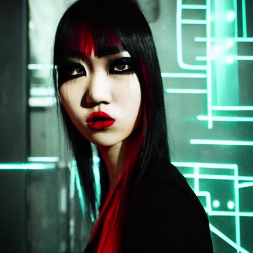 Prompt: asian goth in shinjuku, dark dress, cyberpunk, fashion, biomech, red and turquoise lights, black - red - turquoise - lips, conceptart, highlights, symmetrical, portrait, pretty face, octane, unreal, realism