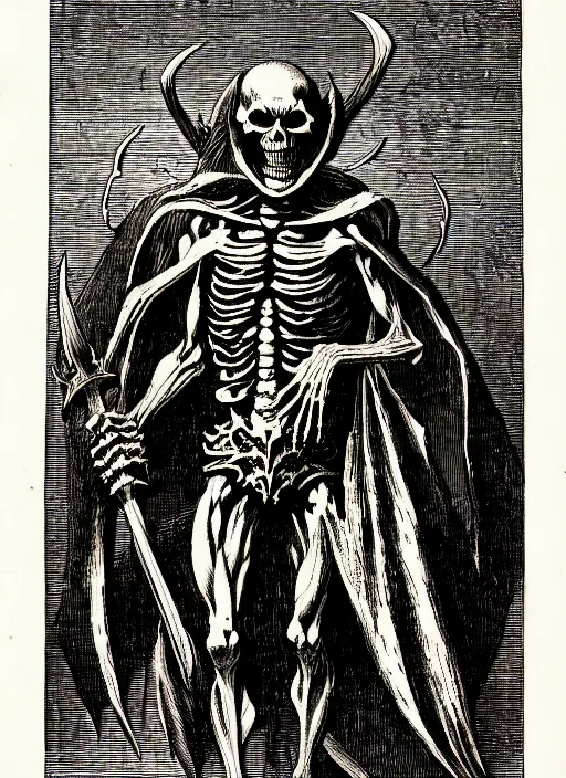 Image similar to illustration of motu's skeletor as a demon from the dictionarre infernal, etching by louis le breton, 1 8 6 9, 1 2 0 0 dpi scan, ultrasharp detail, clean scan