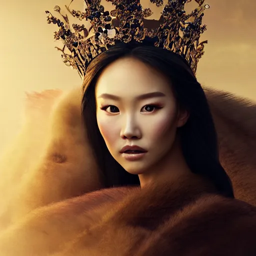 Image similar to beautiful elegant mongolian princess royalty portrait in a sensual pose, she is spreading her wings, face centered portrait, full face makeup, confident, fog, volumetric lighting, beautiful, golden hour, sharp focus, ultra detailed, conceptartworld by leesha hannigan, ross tran, thierry doizon, kai carpenter, ignacio fernandez rios