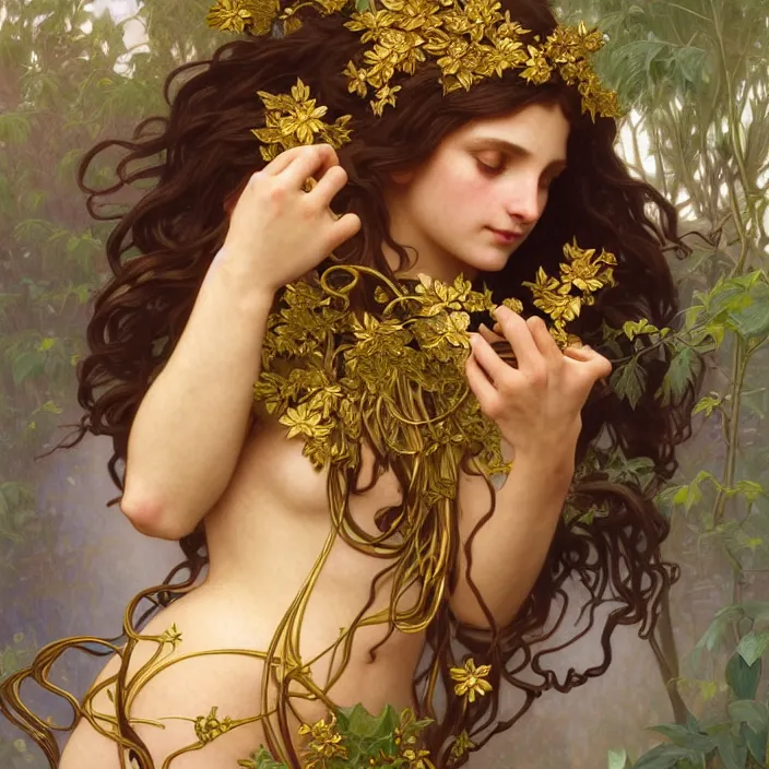 Prompt: portrait of gaea goddess with thin gold tendrils, intricate, elegant, highly detailed, digital painting, artstation, concept art, smooth, sharp focus, illustration, art by artgerm and greg rutkowski and alphonse mucha and william - adolphe bouguereau