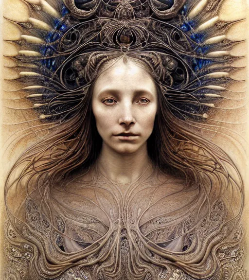 Prompt: detailed realistic beautiful desert goddess face portrait by jean delville, gustave dore, iris van herpen and marco mazzoni, art forms of nature by ernst haeckel, art nouveau, symbolist, visionary, gothic, neo - gothic, pre - raphaelite, fractal lace, intricate alien botanicals, ai biodiversity, surreality, hyperdetailed ultrasharp octane render