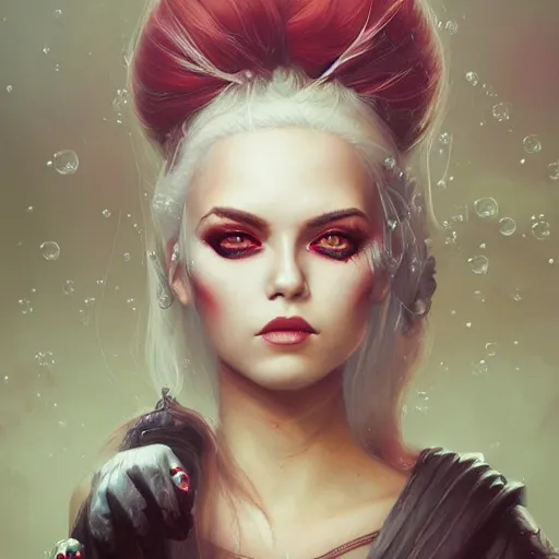 Image similar to a beautiful portrait of kerli koiv with bubble goth makeup, a detailed painting by greg rutkowski and raymond swanland, featured on cgsociety, fantasy art, detailed painting, artstation hd, photorealistic