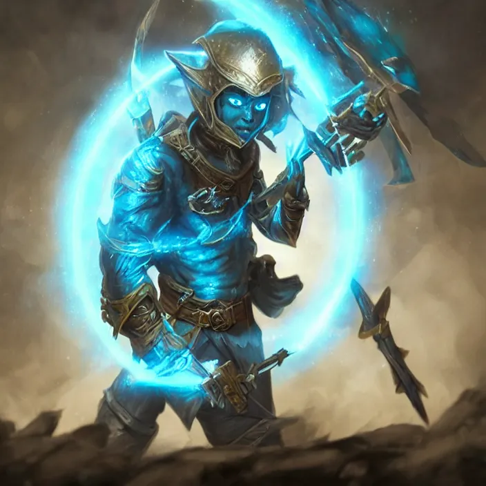 Image similar to an elf ranger with weapons drawn facing a glowing blue orb, fantasy concept art, trending on artstation, video game concept art, highly detailed, cinematic lighting, digital art, dark fantasy