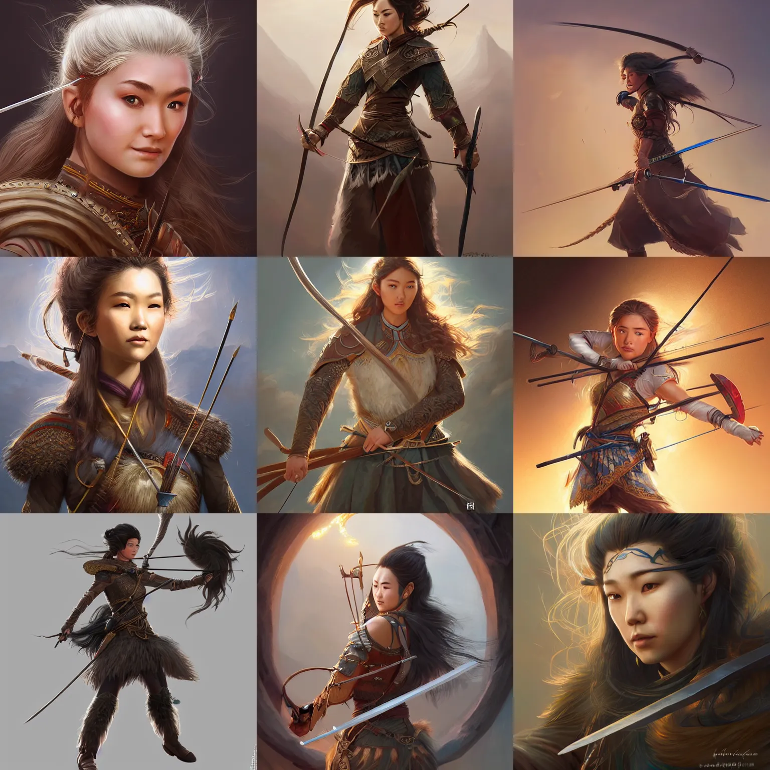 Prompt: female mongolian archer, bushy hair, d & d, fantasy, highly detailed, headshot, digital painting, trending on artstation, concept art, sharp focus, illustration, art by artgerm and greg rutkowski and magali villeneuve