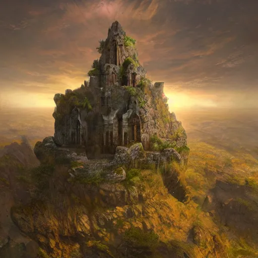 Image similar to aerial view of a stone fort sitting above a swamp in the sunset, dramatic lighting by alan lee by peter mohrbacher, trending on artstation sharp focus vfx key shot