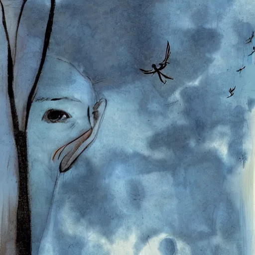 Prompt: blue sky in the style of dave mckean