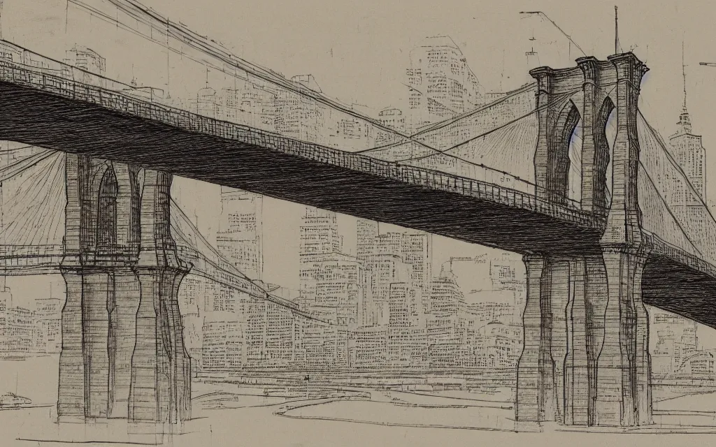 Image similar to brooklyn bridge blueprints drawn by davinci