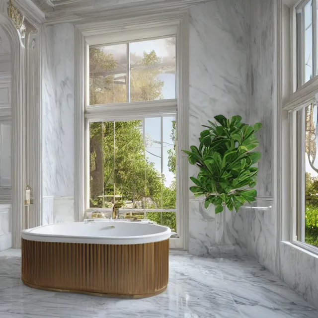 Prompt: marble bathroom interior, bathtub with golden faucet, wood cabinets, marble floor, large window in back with white mountain nh fall river view, large potted plant, realistic, unreal engine render, octane render, hyper realistic, photo, 8 k