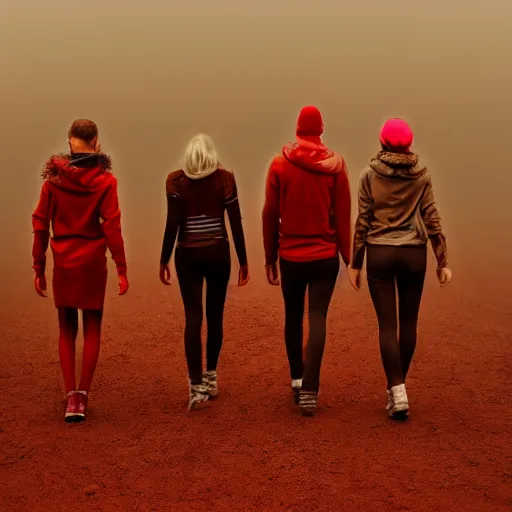 Image similar to 4 friends walking front view on foggy Mars red soil foggy image all wearing stylish futuristic clothing picture taken with 35 mm camera, intricate, 4k, hd, super detailed, realistic, award-winning picture