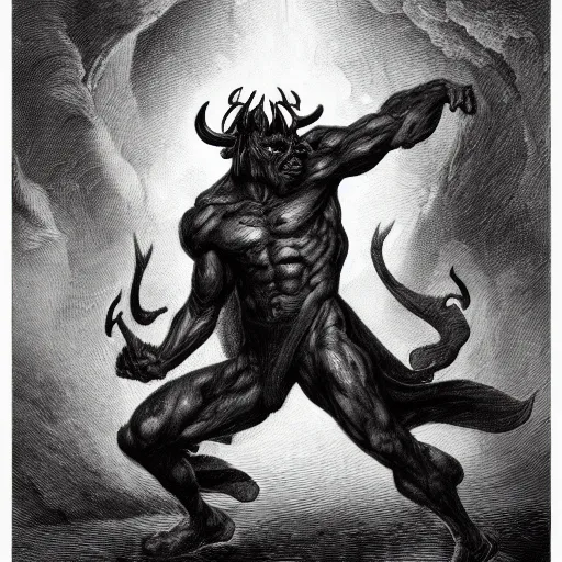 Image similar to full body, grayscale, Gustave Dore, James Daly, muscled humanoid balrog demon, horns, heroic pose, swirling flames