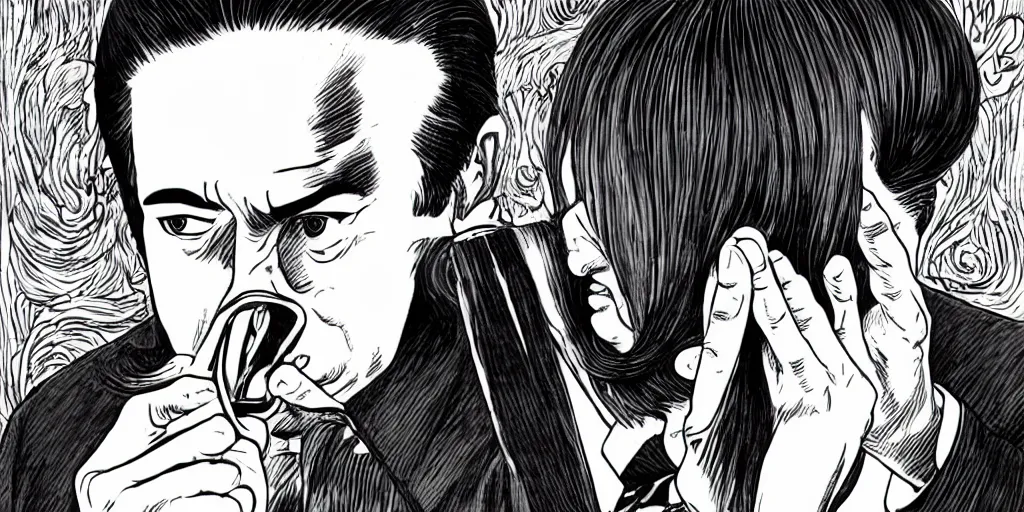 Prompt: Biden insatiable for sniffing hair, Junji Ito