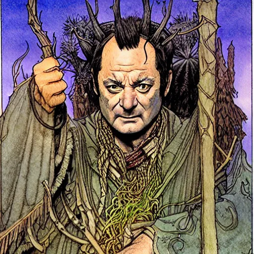 Prompt: a realistic and atmospheric high fantasy portrait of bill murray as a mystical druidic warrior wizard doing an arcane pagan ritual by rebecca guay, michael kaluta, charles vess and jean moebius giraud