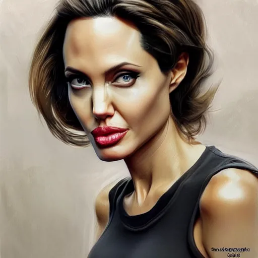 Image similar to angelina jolie playing tennis in the style of stefan kostic, realistic, full body, sharp focus, 8 k high definition, insanely detailed, intricate, elegant, art by stanley lau and artgerm