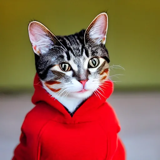 Prompt: a cat wearing a red beanie and a red hoodie