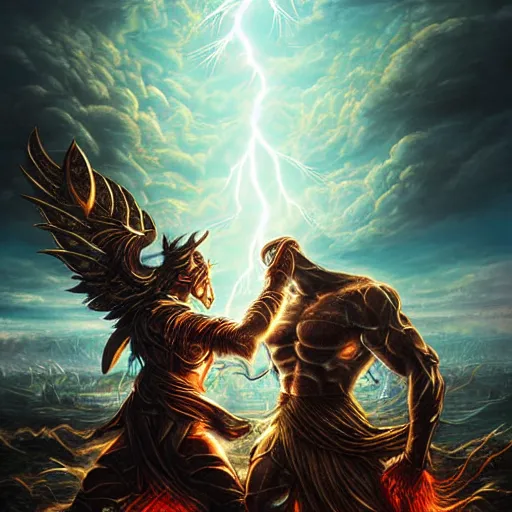 Prompt: gods fighting against the surrealistic outer enemies, scene of myth, cosmic horror, lightening, thunder, tornado, apocalypse, artgerm style, high quality, high definition digital art, highly detailed 8K