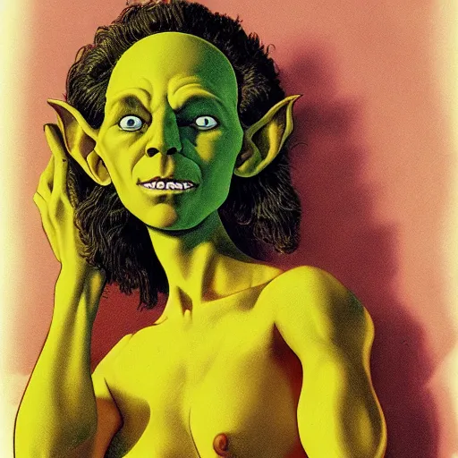 Prompt: portrait of ethereal young goblin princess in golden armour by Richard Corben