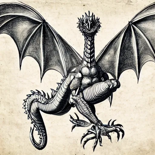 Image similar to anatomical drawing of dragon, davinci style, medical drawing, blueprint, schematic, old