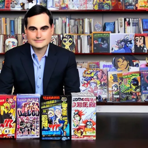 Image similar to highly detailed face ben shapiro shows off his anime collection.