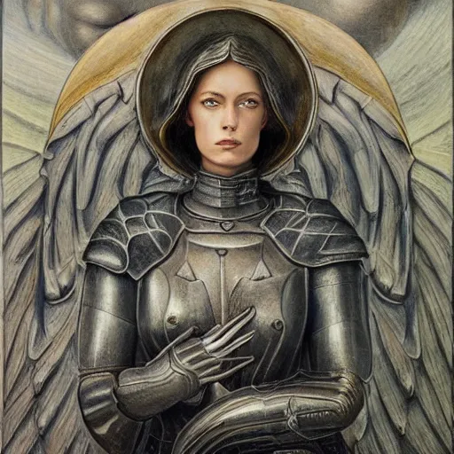 Image similar to most beautiful portrait jeanne d'arc in the style of william blake, terese nielsen, detailed, intricate, beautiful faces, steve argyle, loss of sanity, silk brethren, keen dusk sea pastoral fantastic reality