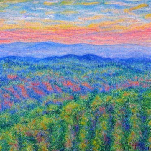 Image similar to asheville skyline from beaucatcher mountain, in the style of claude monet, watercolor, beautiful, scenic, award winning, 4 k, hd