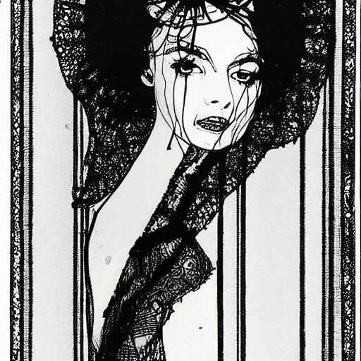 Prompt: illustration or margot robbie in black and white by harry clarke