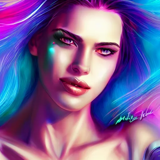 Prompt: electric woman, cute - fine - face, pretty face, oil slick hair, realistic shaded perfect face, extremely fine details, realistic shaded lighting, dynamic background, artgerm