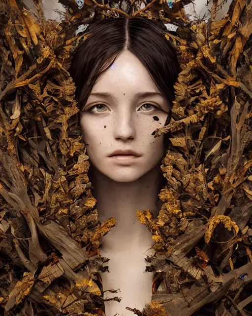 Prompt: olivia wearing an outfit made from tree branches, half body portrait, 3 d animation, black hair, freckles, pale skin, photo by greg rutkowski, risque fashion, femalev beauty, intricate detail, elegance, sharp shapes, soft lighting, vibrant colors, masterpiece