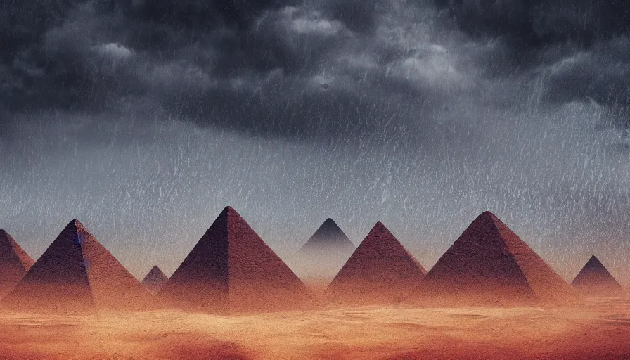 Prompt: rainy cloudy dark moody desert landscape scene with large mysterious detailed desert pyramids, fantasy, ambient, vaporwave, retro, surrealism, volumetric lighting, digital art, pixel sorting, trending on artstation