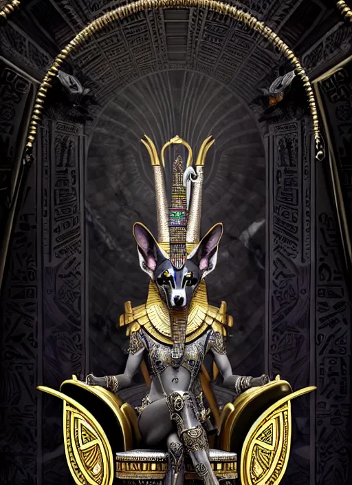 Image similar to sinister god anubis, growling jackal with egyptian headdress and nemes, ornate art nouveau marble throne room, black and silver palette, symmetrical background, fantasy, intricate, elegant, highly detailed, colorful, dark colors, dramatic shadow, digital painting, artstation, concept art, art by artgerm and greg rutkowski and ruan jia,