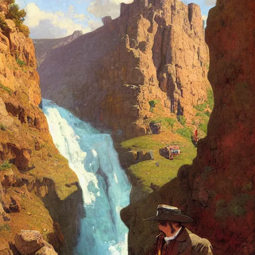 Prompt: wild west portrait of brawny burly surly sheriff man standing at the edge of a steep sharp cliff extreme drop looking out at the stream in the valley, sunny day, digital art by Nerdrum John, William Waterhouse, Winslow Homer, Alex Heywood, Jordan Grimmer, Darren Quach, Greg Rutkowski, Simon Stalenhag, trending on Artstation, CGSociety
