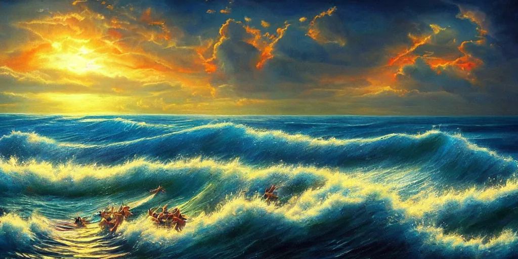 Image similar to Even if our mouths where filled with song like the splitting sea, and our tongues full of joy like it’s manny waves we could never reach Your praise, surrealism, musical notes, EPIC ,beautiful sea landscapes, Very colorful painting 8k trending on art station, Intricate details, very realistic, cinematic lighting, volumetric lighting,