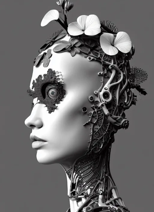 Prompt: monochrome 3 d model, biomechanical beautiful young female cyborg with porcelain profile face and a big floral eye, volumetric light, leaves foliage and stems, hibiscus flowers, boho floral vines, sinuous fine roots, fine foliage lace, alexander mcqueen, rim light, big gothic fashion pearl embroidered collar, steampunk, octane render, 8 k