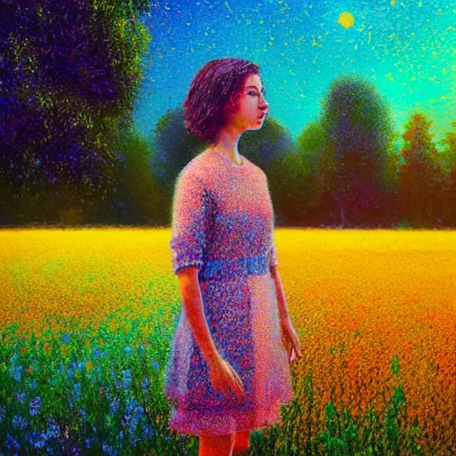 Prompt: girl with head made of flower, standing in a flower field, big trees, sunrise dramatic light, impressionist painting, colorful clouds, digital painting, pointillism, artstation, simon stalenhag