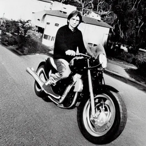 Prompt: allan holdsworth riding a motorcycle, magazine photo