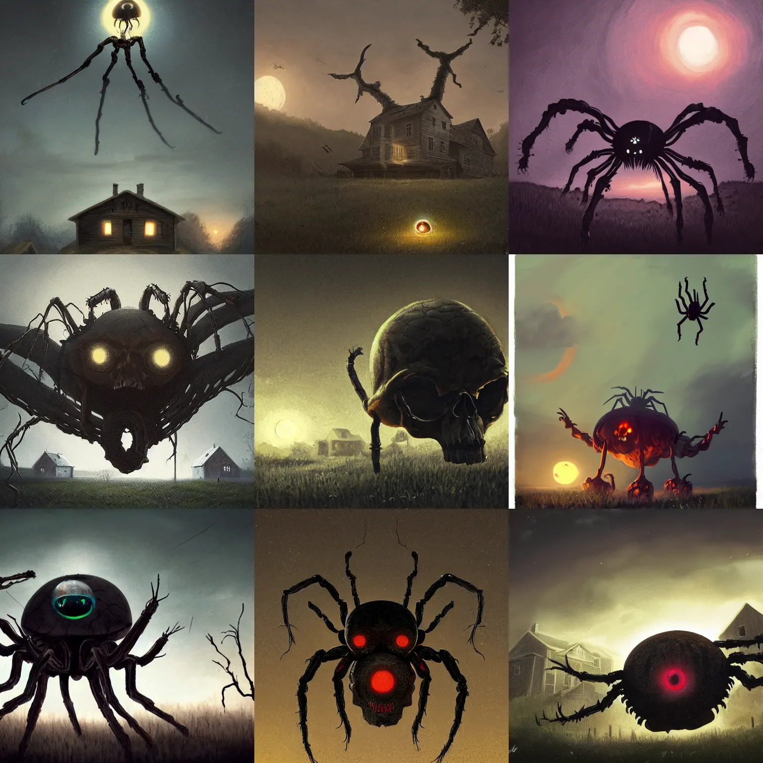 Prompt: giant skull spider with bright glowing eyes at dusk, hovering over farmhouse, in the style of Greg rutkowski